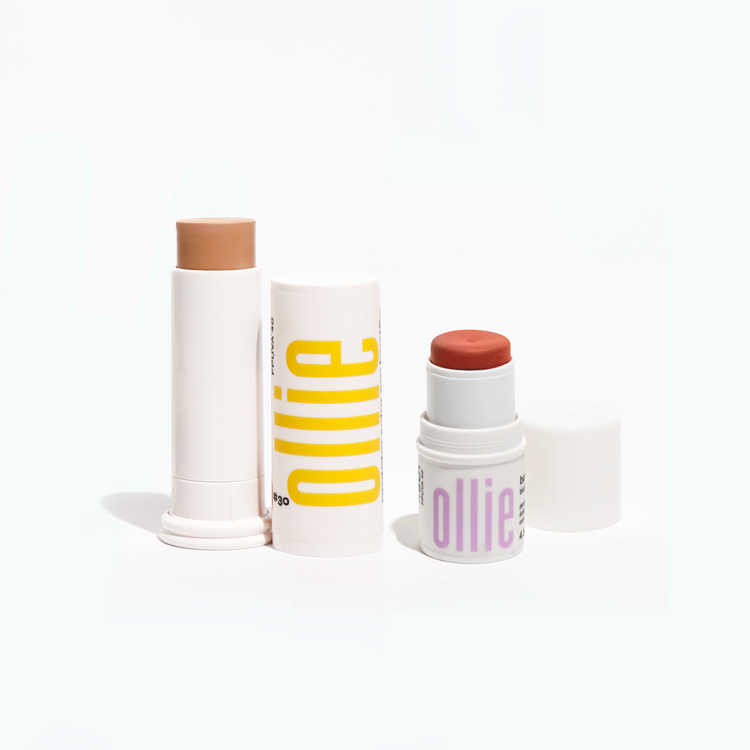 Ollie AM Set kit including one multifunctional Stick 3-in-1 and one Tinted Stick with color, perfect for quick makeup and daily skincare