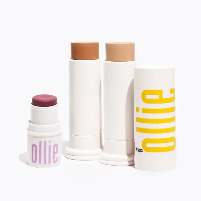  Ollie Full Look Kit with 2 tinted SPF 95 sunscreens in medium shades and 1 3-in-1 stick for lips, cheeks, and eyes.